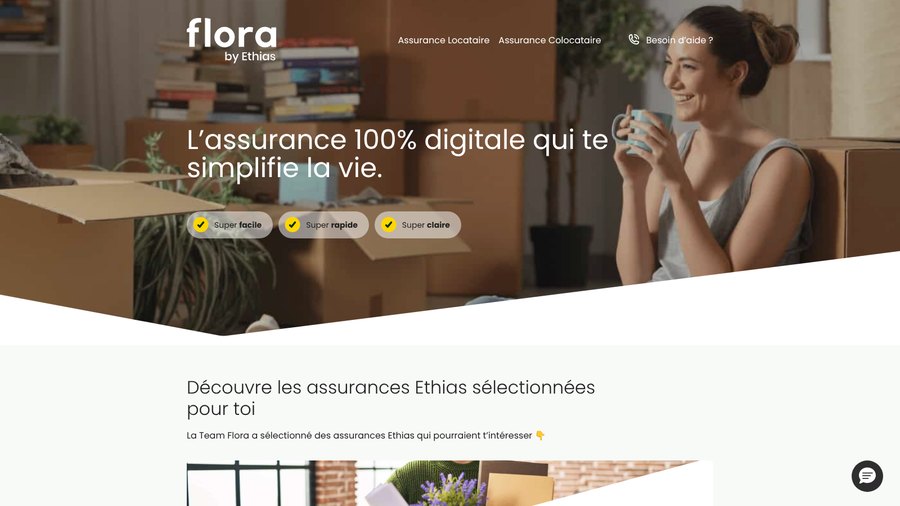 Page d'accueil du site de Flora by Ethias, marque d'assurance digitale
